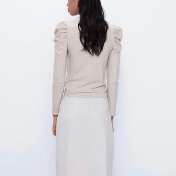 Zara Soft Balloon Shoulder Pearl Detail Sweater Oatmeal Size Small - Picture 4 of 7